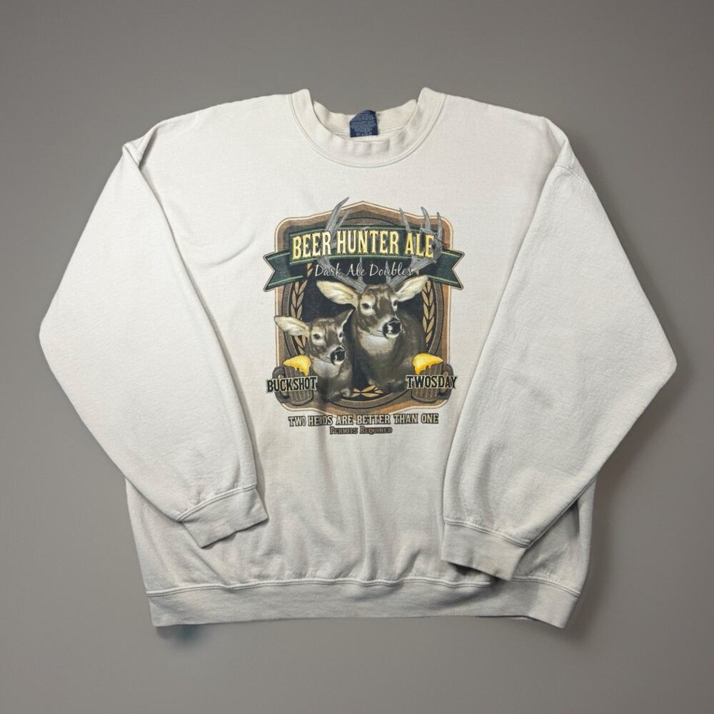 Beer Hunter Ale Deer Hunting Graphic Sweatshirt XL Beige Crewneck 0942